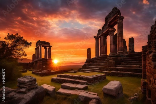 A rendered picture of an ancient ruin against a fiery sunset sky