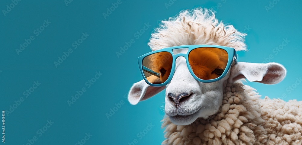 Fashion-Forward Sheep in Trendy Sunglasses, isolated on solid pastel background, advertising banner, generative Ai