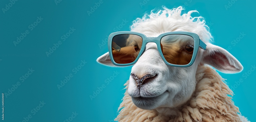 Fashion-Forward Sheep in Trendy Sunglasses, isolated on solid pastel background, advertising banner, generative Ai