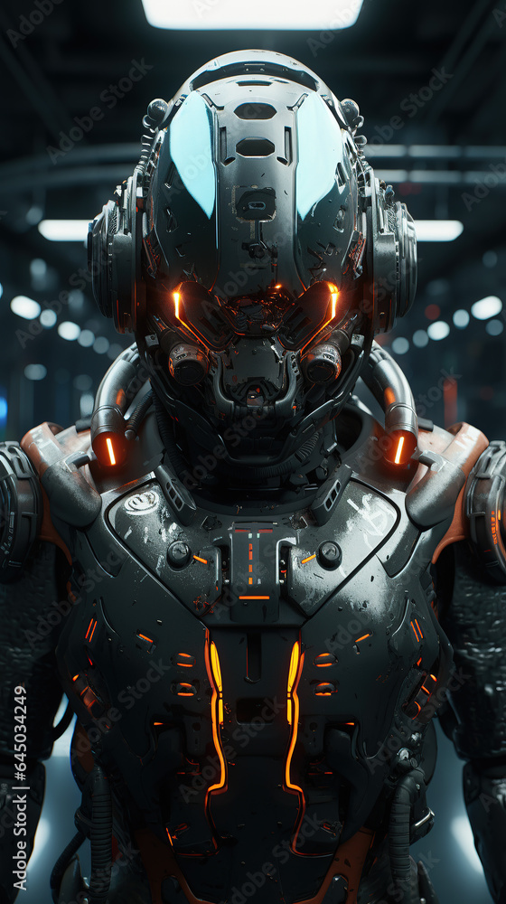 Fototapeta premium Portrait soldier. Game character. Space cyberpunk soldier. With gas mask on distant planet. worn clothes. Hunter and intergalactic explorer.