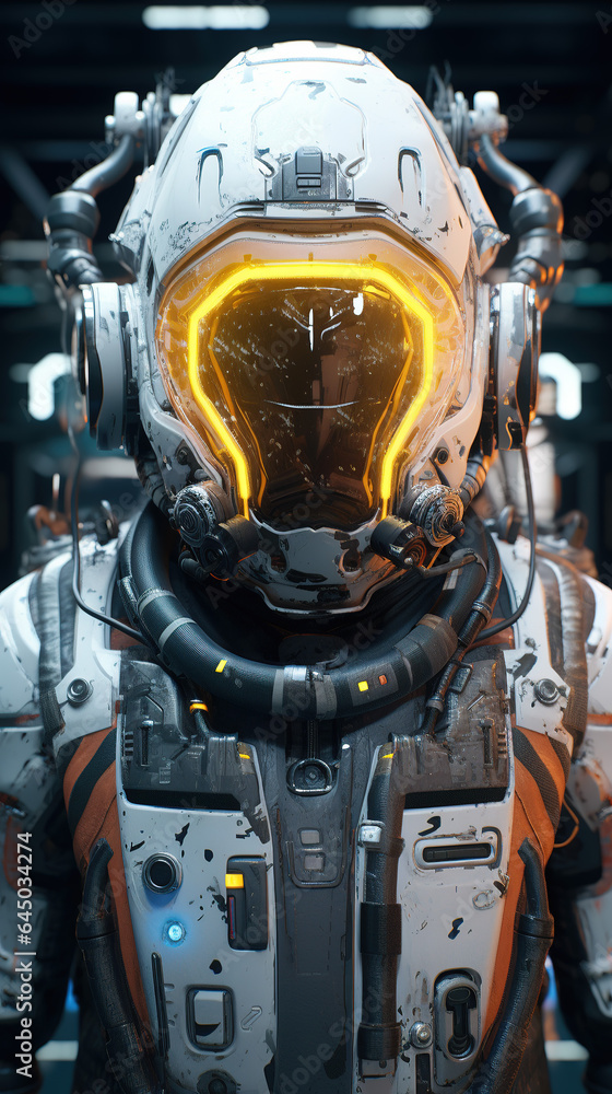 Fototapeta premium Portrait soldier. Game character. Space cyberpunk soldier. With gas mask on distant planet. worn clothes. Hunter and intergalactic explorer.