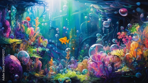 A burst of colored bubbles rising from an underwater scene, adding a touch of whimsical vibrancy to the setting © nomi_creative
