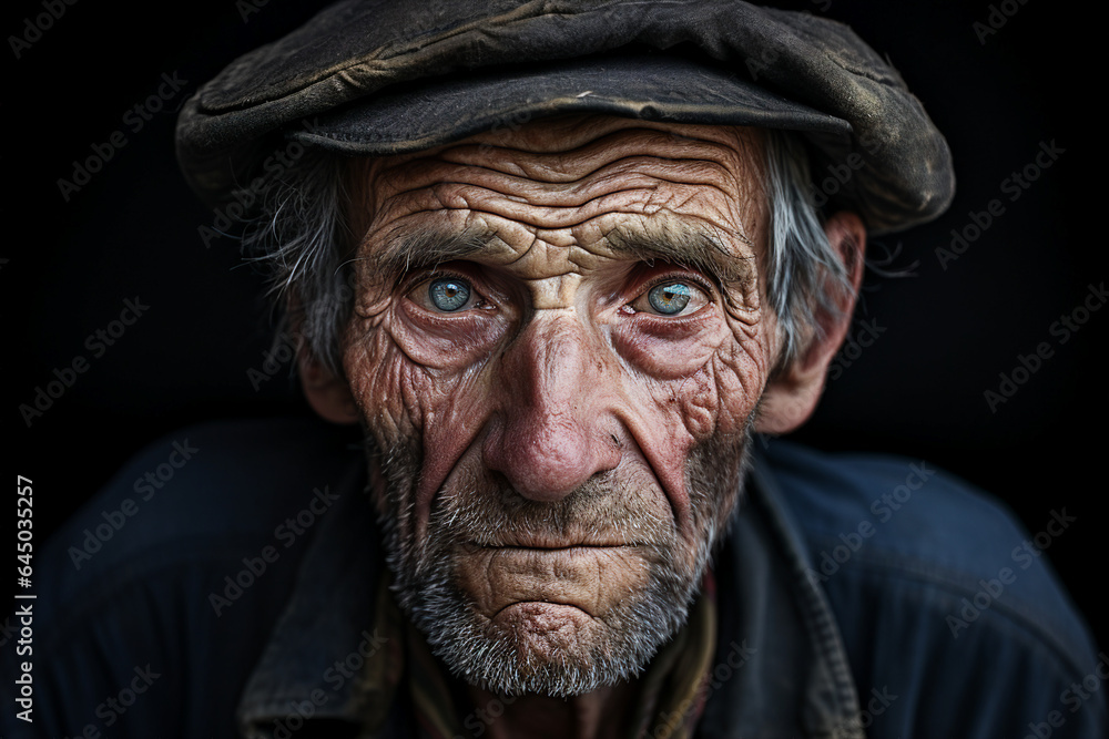 Close up photography of elderly poor sad depressed man with a wrinkled face generated ai modern technology