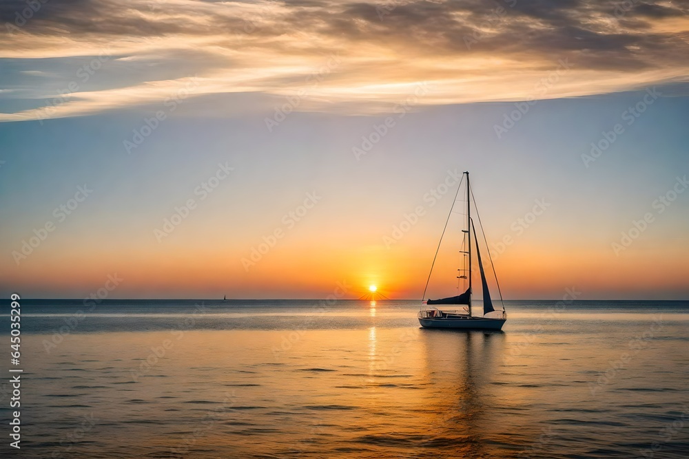 A serene scene of a lone sailboat on a calm sea at sunrise