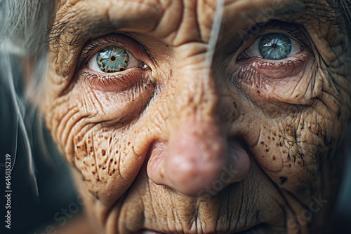 Close up photography capture of melancholy old beautiful woman with blue eyes generated AI modern technology