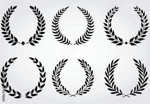 Collection of silhouette of circular laurel wreaths depicting award, achievement. Editable vector, circular foliate laurels branches.Design help for award logo, winner round emblem. eps 10.