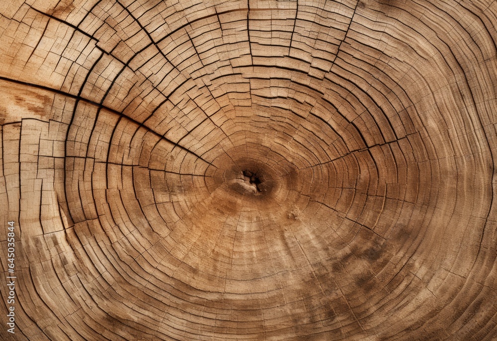 Naklejka premium Cross section of a tree with cracked and rough surface, close-up macro, view from above, vintage background