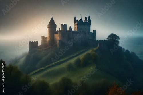 An artistic representation of a medieval castle on a misty hill