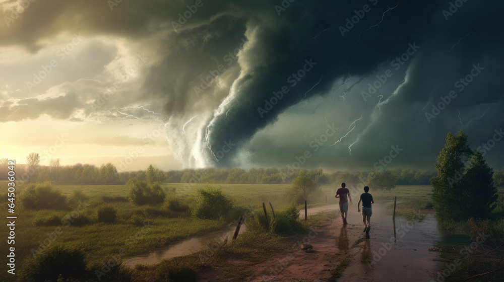Fototapeta premium Survival in the Storm: Escaping the Oncoming Tornado's Fury.