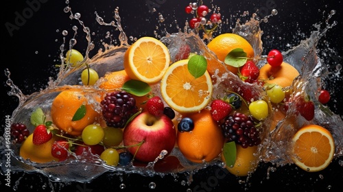 A burst of colored liquid emerging from a splashing fruit, creating a dynamic and vibrant display of nature's colors