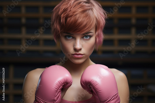Attractive woman in pink boxing gloves and pink clothes at training