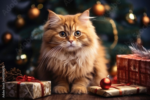 Kitten, cat on the background of New Year's, Christmas decoration