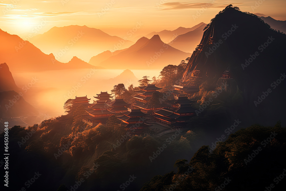 Japanese mountain village. Foggy morning landscape. Generative AI