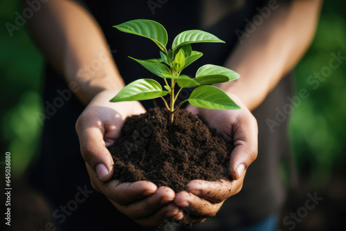hands holding plant sprout tree with soil