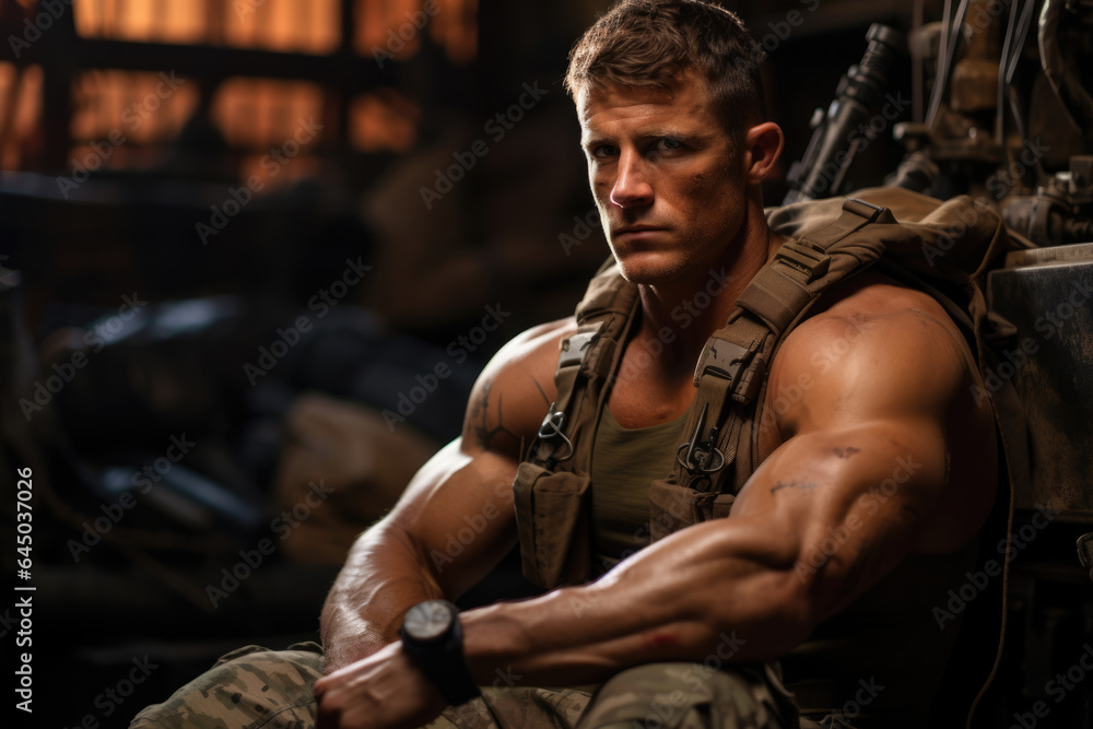 Portrait of a muscular military man, a soldier in uniform - obrazy, fototapety, plakaty 