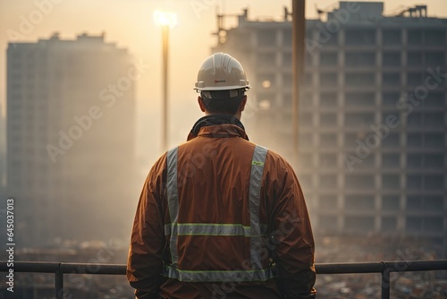A civil engineer stands looking at the construction. ai generative © Anna