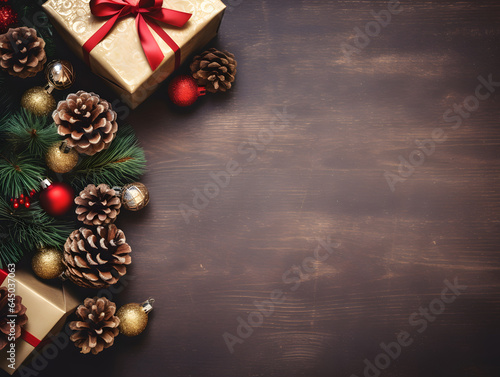 Top view of Christmas presents, fir branches and pine cones on a brown wooden table