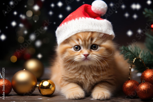 Fluffy cat, kitten in santa hat on the background of christmas decorations