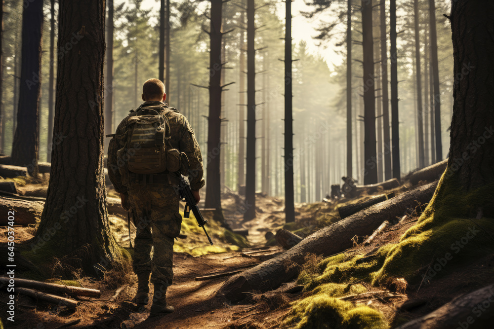 a military man in uniform in a pine forest walks along the path. copy space for text