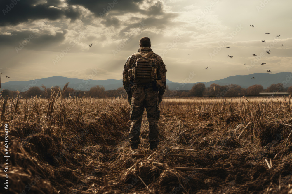 military man looks at a wheat field spoiled by military equipment - obrazy, fototapety, plakaty 