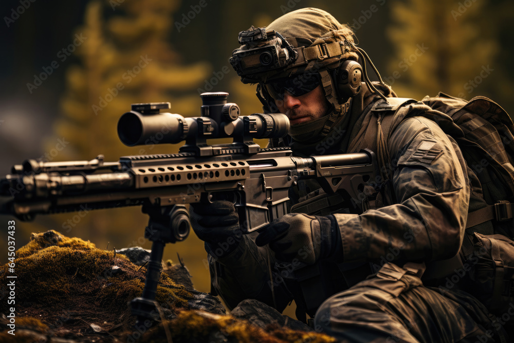 army elite troops sniper with a rifle with a telescopic sight