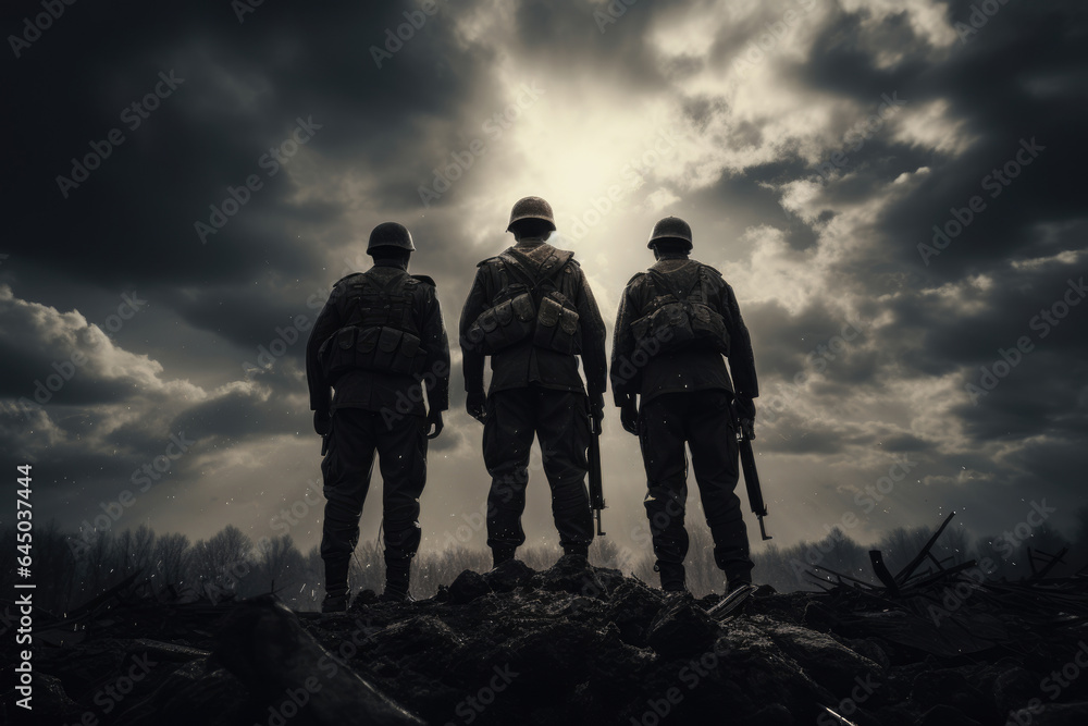 group of military men in uniforms in the fog on the background of the battlefield - obrazy, fototapety, plakaty 