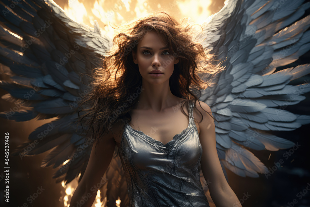 Fantastic girl with angel wings on a glowing background