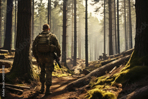 Fotografiet a military man in uniform in a pine forest walks along the path