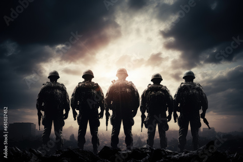 Silhouettes of the military in uniforms in the fog on the background of the battlefield. copy space for text