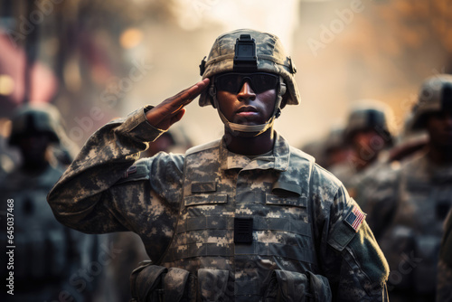 Portrait of military soldiers giving salute