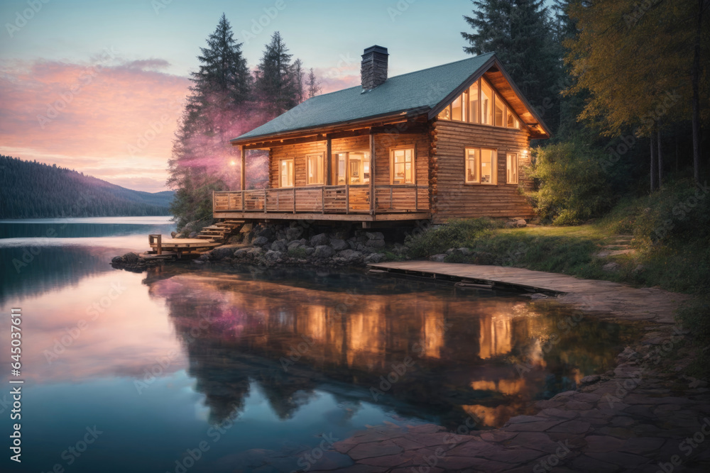 Low resolution Puzzle house near the lake. ai generative Low resolution Puzzle house near the lake. ai generative