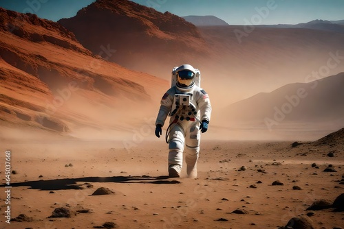 An artistic representation of an astronaut exploring an alien planet