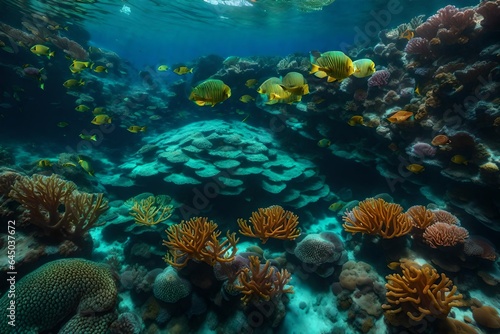 An artistic representation of an underwater world with vibrant coral reefs