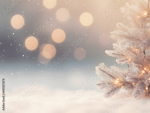 Christmas tree with bokeh lights with snow