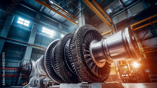 Turbine shop of energy power generation station. Disassembled turbine for repair and inspection. Generation AI.