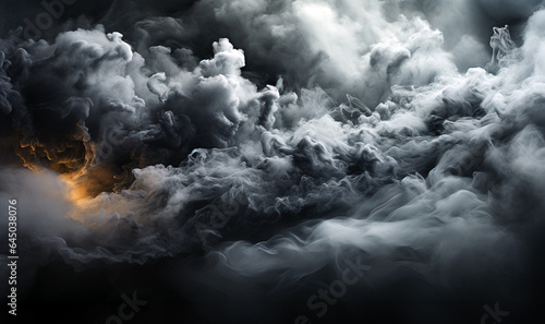 Mystery dark fog background for product placement.Panoramic view of the abstract fog. White cloudiness  mist or smog moves on black background.