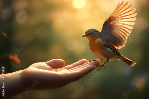 A bird lands on a person's hand on a bright natural blurred background. © Cimutimut
