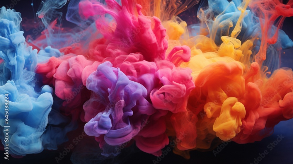 A burst of colored smoke frozen in mid-air, creating an ethereal and dreamlike atmosphere