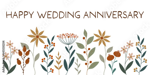 Happy Wedding anniversary - Schriftzug in englischer Sprache - Alles Gute zum Hochzeitstag. Glückwunschkarte mit hübschen Blumen.