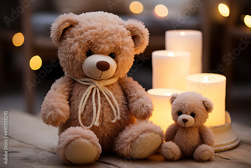 Cute teddy bear baby and teddy bear mother looking at each other with love and affection, candlelight, happiness, in glowing lighting style. © Cimutimut