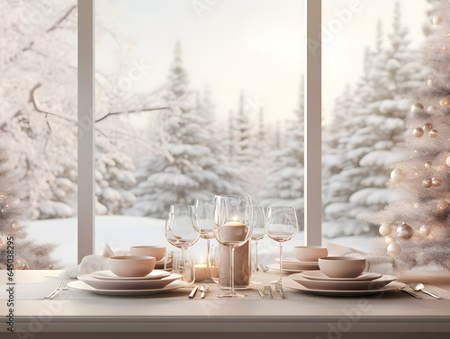 Elegant dining table during winter with windows and snowy trees