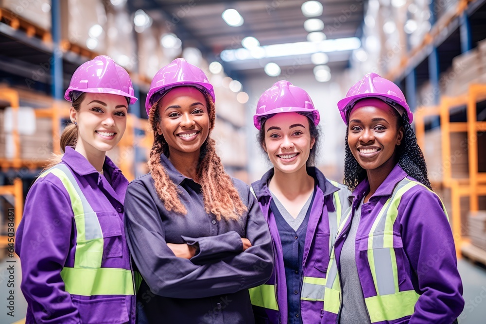 several smiling teamwork of woman wearing purple hard hats stand on the factory several smiling teamwork of woman wearing purple hard hats stand on the factory