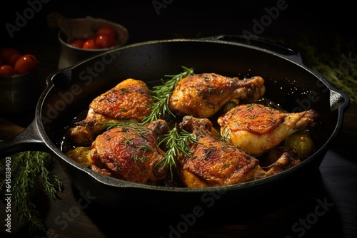 Chicken cooked in cast iron pan. Generative AI