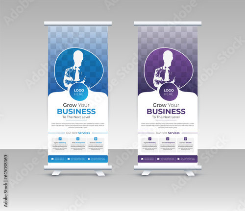 Business Roll Up Banner stand vector creative design. Sale banner stand or flag design layout. Modern Exhibition Advertising vector.