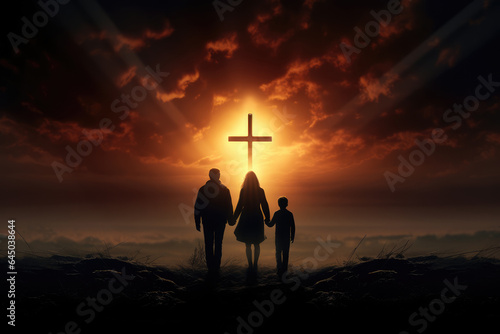 a family silhouette walking towards a cross. jesus redeption.