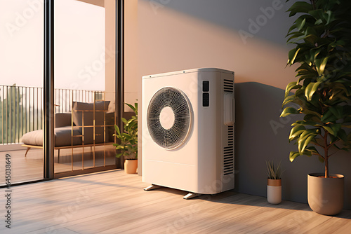 The air source heat pump is installed in a room near a transparent window.