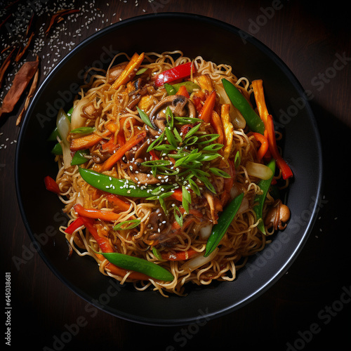 Wog with fried noodles and vegetables. Chinese cuisine. Homemade food.