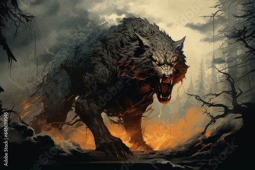 an illustration of a dangerous and imaginary wolf. Generative AI © Iridessa