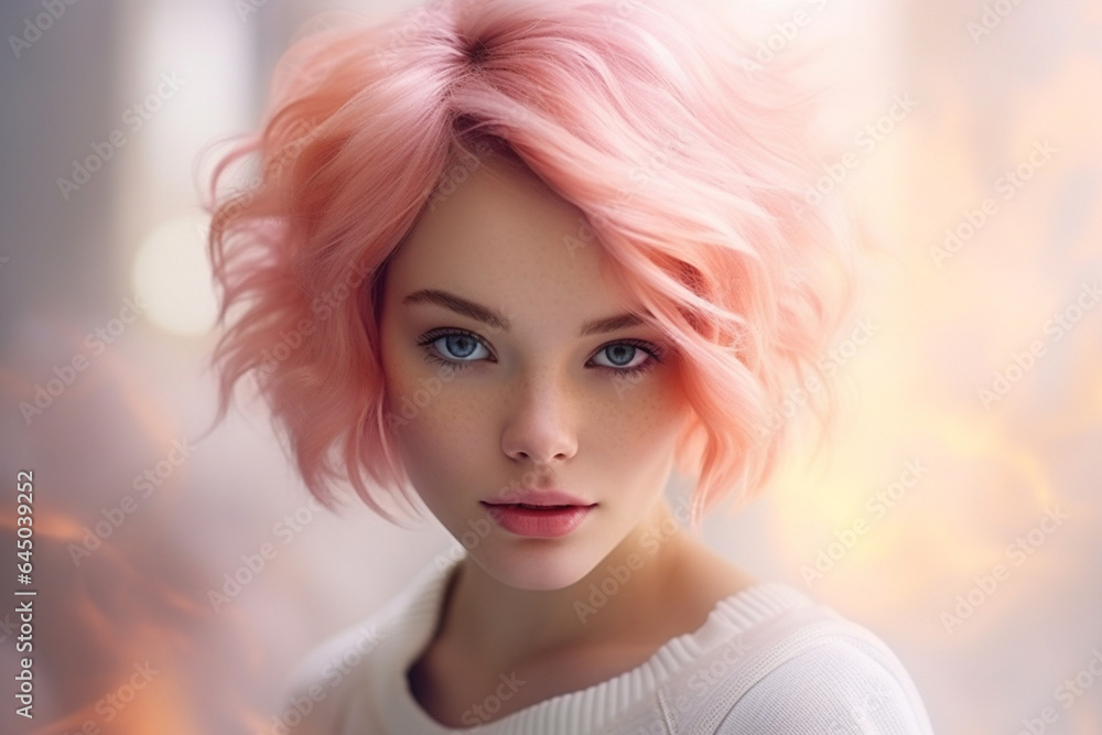 Naklejka premium Woman glamour pink beauty female salon model young girl hair portrait fashion face