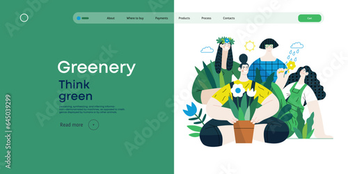 Greenery, ecology -modern flat vector concept illustration of people surrounded by plants and flowers. Metaphor of environmental sustainability and protection, closeness to nature